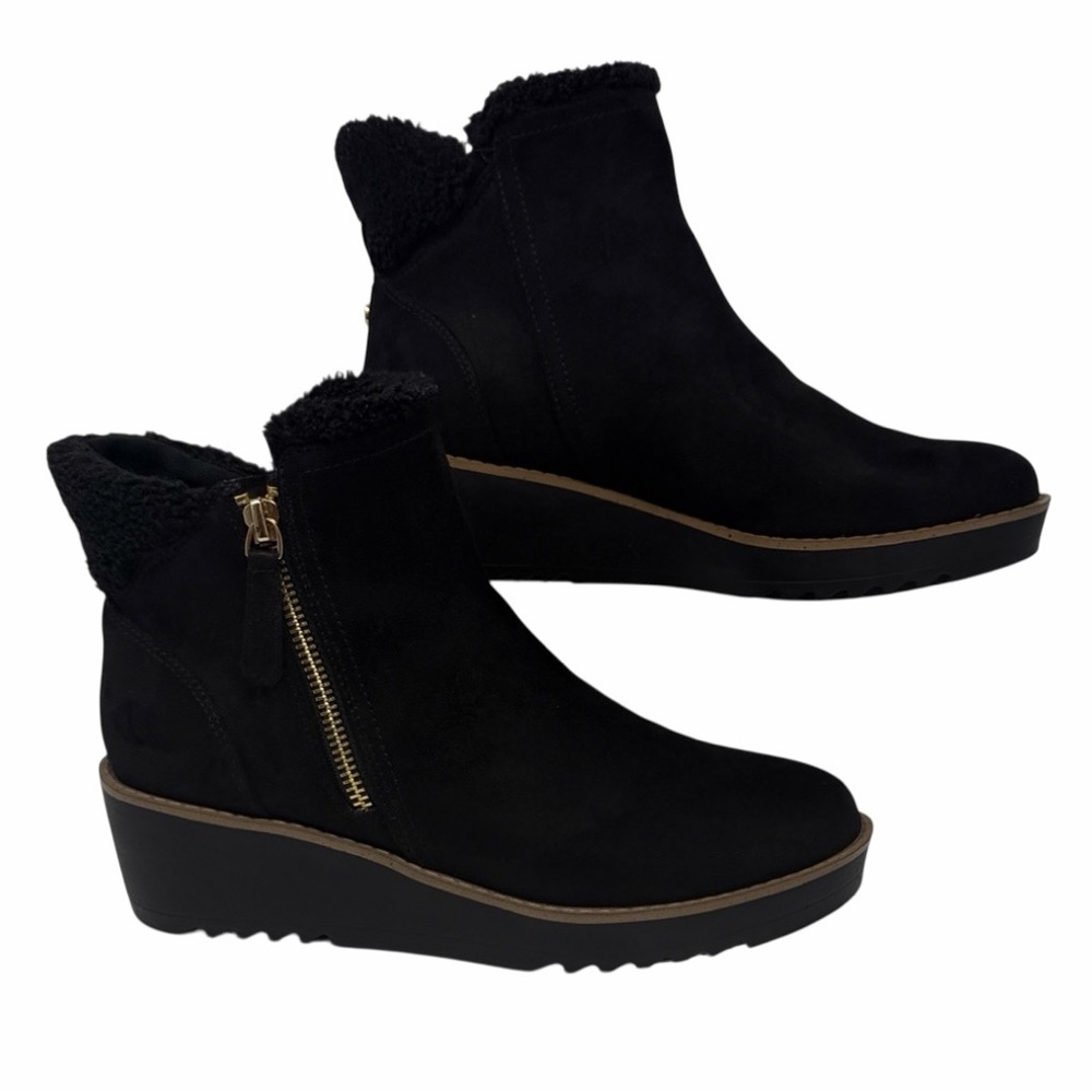 Bandolino Rhena2 Black Faux Suede Ankle Wedge Boots with Gold Side Zipper Size 7